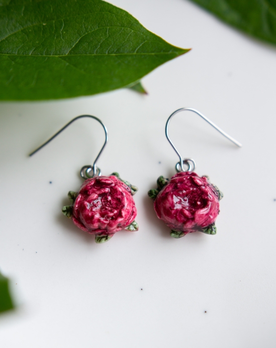 Earrings &quot;Peonies&quot; dark pink